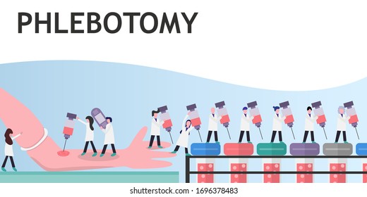 Tiny Lab Technicians Collect Blood Specimen From Patient And Transfer To Test Tubes. Concept Phlebotomy And Medical Science Character Vector.