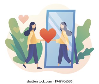 Tiny lady looks at her reflection in mirror, expressing self love and care. Love yourself. Love your body. I love myself. Bodypositive concept. Modern flat cartoon style. Vector illustration