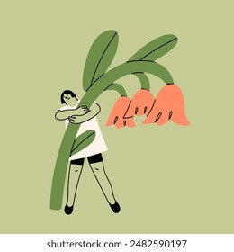 Tiny lady stands with a giant Flower. Young person hugging flower. Cute funny isolated character. Cartoon style. Hand drawn Vector illustration. Flower delivery service, florist, botanical concept