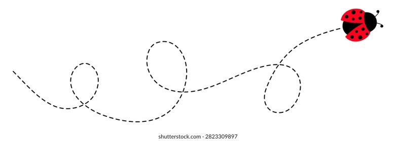 Tiny ladybug with dotted trail. Cute red insect with motion path. Vector illustration isolated on white.
