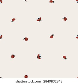 tiny ladybugs seamless vector pattern hand drawn lady bugs on cream white background, minimalist vector with small red bugs for textile, fabric, wallpapers, packaging, wrapping, kids apparel etc