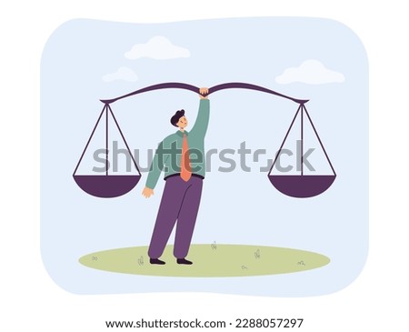 Tiny lawyer holding scales vector illustration. Cartoon drawing of man or attorney balancing scales. Law, human rights, equality, justice, comparison, dilemma concept
