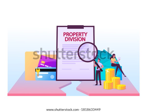 Tiny Lawyer Male Character Reading Property\
Division Contract with Huge Magnifying Glass. Woman Sit on Golden\
Coins and Bank Cards. Protection Interests, Legality. Cartoon\
People Vector\
Illustration
