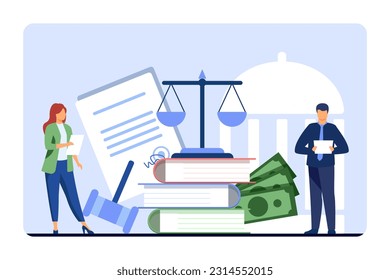 Tiny lawyers with contracts or taxes vector illustration. Cartoon drawing of big scales and gavel, legal workers managing government spending. Finances, economy, law, taxation concept