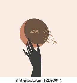 Tiny line art handdrawn style logo or icon symbol of magical hand hold the Moon. Vector illustration. Clipart image.
