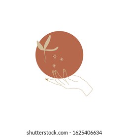 Tiny line art handdrawn style logo or icon symbol of magical hand with branch holds the Moon. Good for fashion theme, nature care, beauty industry, wedding postcards. Vector illustration. Clipart