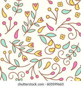Tiny line flowers. Seamless pattern with colorful floral elements.