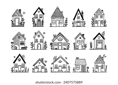 Tiny line houses. Doodle rural residential buildings, hand drawn townhouse cottage with windows doors and botanical elements. Vector isolated set