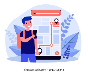 Tiny little boy using navigator on smartphone. App, path, home flat vector illustration. Digital technology and navigation concept for banner, website design or landing web page