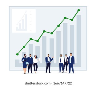 Tiny little men on the background of a growing chart with an arrow. Concept illustration about investing, business development, teamwork, overcoming the crisis. Flat vector illustration isolated on