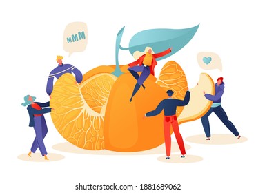Tiny little people characters in flat cartoon style clean huge bright, tasty tangerine, taking out slices and directing process. Holiday theme dedicated to New Year and one of its main symbols.