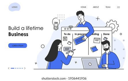 Tiny little people characters make business graphics tasks scheduling in the tablet. Flat abstract metaphor outline cartoon vector illustration concept Simple art design isolated banner