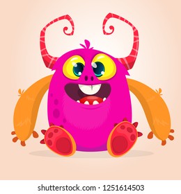 Tiny little pink happy monster with big eyes. Vector illustration