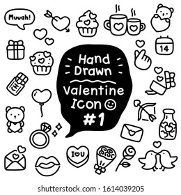 Tiny lovely cute doodle Valentine's Day vector icon set No.1 with black and white color that can be used as emoji or symbol for kids or little seamless pattern on pastel background for wrapping gift.