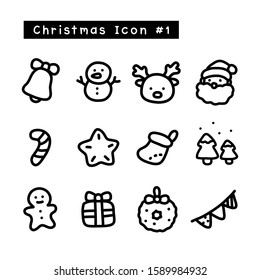Tiny lovely doodle Christmas and New Year Days vector icon set #1 with black and white colors. Can be used as emoji, symbol or seamless pattern that can print on paper for wrapping children xmas gift.