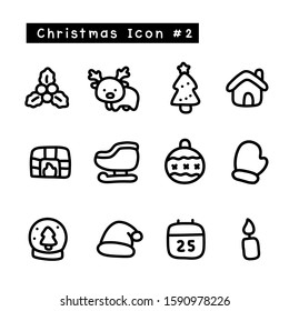 Tiny lovely doodle Christmas and New Year Days vector icon set #2 with black and white colors. Can be used as emoji, symbol or seamless pattern that can print on paper for wrapping kids xmas gift.