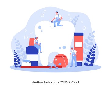 Tiny maintenance workers cleaning huge tooth vector illustration. Cartoon drawing of men in uniform with brushes, huge toothbrush, toothpaste, floss and mouthwash. Dental care, oral hygiene concept