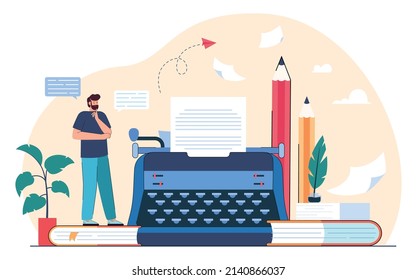 Tiny Male Author Or Screenwriter Writing Story Or Movie Script. Screenplay Writer, Vintage Typewriter With Paper Flat Vector Illustration. Creativity, Journalism Concept For Banner Or Landing Web Page