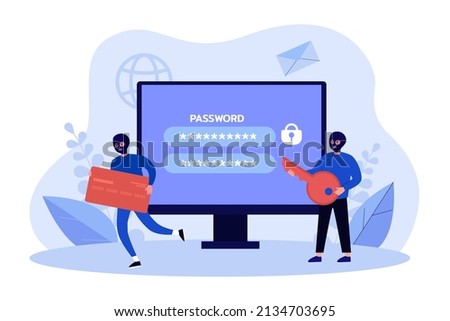 Tiny male burglars and hackers stealing credit card information. Criminal persons hacking access flat vector illustration. Cyberterrorism, fraud concept for banner, website design or landing web page