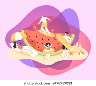 Tiny male cartoon character surfing huge watermelon. Family having fun on beach, woman sun bathing next to umbrella, pool party scene flat vector illustration. Summer activities, traveling concept