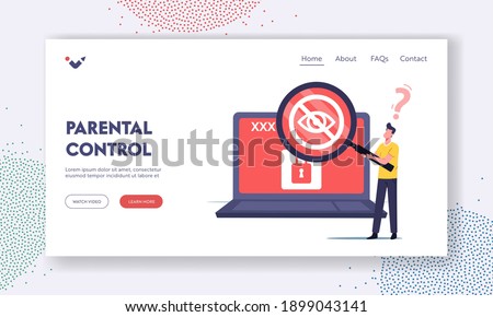 Tiny Male Character Browsing or Searching Sensitive Adult Content Landing Page Template. Man with Huge Magnifier Look on Laptop Screen with Crossed Eye and Lock, Movie. Cartoon Vector Illustration