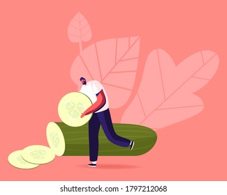 Tiny Male Character Carry Huge Cucumber Slice for Natural Mask or Eating. Vegetarian and Healthy Food Fortified Nutrition, Source of Health Vitamins, Vegetable Ingredient. Cartoon Vector Illustration