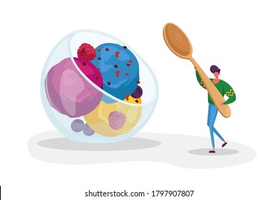 Tiny Male Character Carry Huge Spoon in Hand for Eating Fruit Ice Cream Scoop Balls in Glass Bowl. Summer Time Food, Delicious Sweet Dessert, Cold Treat. Man with Icecream. Cartoon Vector Illustration