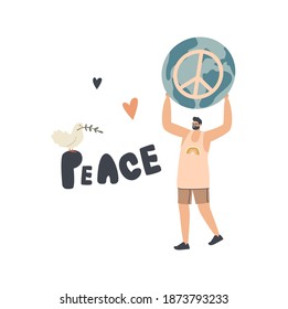 Tiny Male Character Carry Huge Peace Symbol. Hippie or Pacifist Man Humanity Propaganda, Stop War Pacific Concept. Peaceful Thinking, Worldwide Harmony, Environment. Linear Vector Illustration