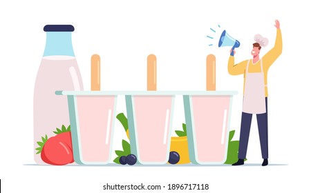 Tiny Male Character in Chef Toque Yell to Megaphone Call to Try Homemade Ice Cream made of Fresh Fruits, Berries and Yoghurt. Healthy Sweet Dessert in Molds, Popsicle. Cartoon Vector Illustration