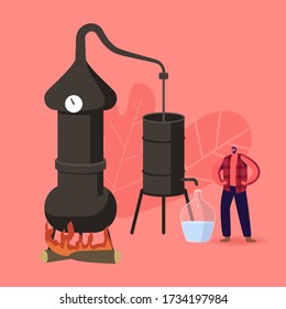 Tiny Male Character Cooking Homemade Moonshine in Special Retro Hooch Tower Working on Fire. Alcohol Brewing Process in Home Conditions, Old Fashioned Method for Hootch. Cartoon Vector Illustration