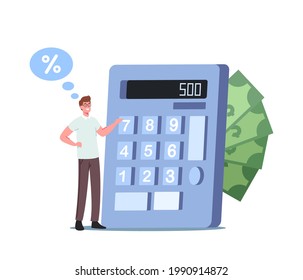 Tiny Male Character Counting Budget on Huge Calculator. Promissory Note, Loan Agreement, Debt Return Promise. Saving Money, Loan or Credit Financial Concept. Cartoon People Vector Illustration