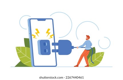 Pequeño Carácter Masculino Desconectándose De Un Teléfono Enorme. Concepto de romper con la tecnología, simplificar y tomar el control de la vida propia. Hombre desconectado con móvil. Ilustración de vectores de personas de caricatura