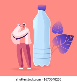 Tiny Male Character Drinking Bottle Water with Microplastic Pieces. Ecological Earth Nature Pollution, Micro Plastic Contamination, Planet Eco System Environment Concept. Cartoon Vector Illustration