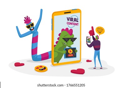 Tiny Male Character with Gadget Device in Teen Clothes Look on Funny Dragon at Huge Smartphone Screen. Viral Content Online Share and Broadcast in Internet, Entertainment. Cartoon Vector Illustration