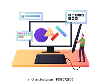 Tiny Male Character Graphic Designer at Huge Tablet Pc with Pen Create Digital Art. Creative Studio Working Process. Man Painting Geometric Shapes, Great Idea Inspiration. Cartoon Vector Illustration