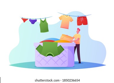 Tiny Male Character Hanging Clean Wet Clothes on Rope for Drying Taking Washed Linen from Huge Basket in Bathroom or Laundry. Homework Weekend Activity , Household Process. Cartoon Vector Illustration