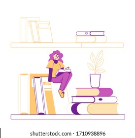 Pequeño personaje masculino colgado por Rope encima de la estantería con enormes libros. Educación, preparación para exámenes y pasatiempos de lectura. Hombre estudiante en biblioteca, archiva con biblioteca. Ilustración de vectores lineales