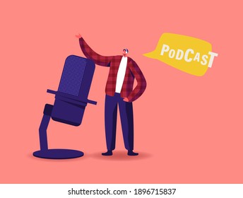 Tiny Male Character In Headset Speaking At Huge Microphone Broadcasting Podcast Entertainment. Online Broadcasting, Audioprogram Livestream, Radio Dj Profession, Speaker. Cartoon Vector Illustration