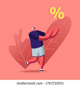 Tiny Male Character Hold Huge Percent Sign. Total Sale Discount and Price Off Day Concept. Businessman and Shop Special Offer, Shopping Tour Promotion Activity, Bank Loan. Cartoon Vector Illustration