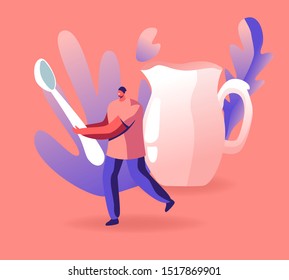 Tiny Male Character Holding Huge Spoon, Crockery Decanter for Milk or Water on Pink Background. Host Waiting Guests Friends at Home for Tea Party Hospitality Lifestyle. Flat Vector Illustration