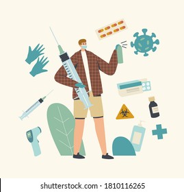 Tiny Male Character Holding Huge Syringe and Spraying Sanitizer on Flying Virus Cell. Vaccination, Fight with Microbes, Bacteria Disease Protection, Illness Treatment. Linear Vector Illustration