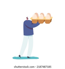 Tiny Male Character Holding Huge Package with Eggs Isolated on White Background. man Buying Food and Grocery and Farm Products, Volunteer Working at Donation Center. Cartoon People Vector Illustration