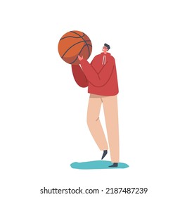 Tiny Male Character Holding Huge Basketball Ball Isolated on White Background. Sportsman Teenager Playing Active Game, Volunteer Donate Things to Poor People. Cartoon Vector Illustration