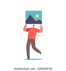Tiny Male Character Holding Huge Picture Isolated on White Background. Concept of Media Files Backup, Digital Storage and Information Protection. Cartoon People Vector Illustration