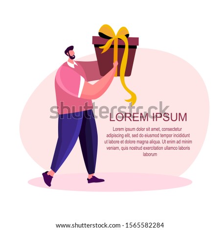 Tiny Male Character Holding Huge Gift Box Wrapped with Ribbon Present for Birthday Festive or Christmas Eve. Happy man bear present for his friends and relatives to celebrate. Flat vector illustration