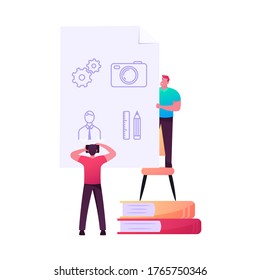 Tiny Male Character Holding Sheet with Symbols another Man Photographing on Camera. Employee Stealing Important Information, Espionage, Info Coding and Encryption. Cartoon People Vector Illustration