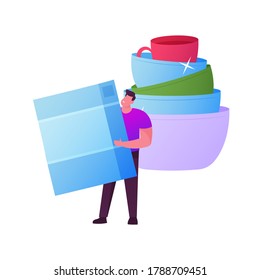 Tiny Male Character Holding Sponge for Washing Dishes Stand at Huge Pile of Clean Sparkling Crockery Kitchenware. Household Activity, Hygiene, Dishwashing Sanitary Process. Cartoon Vector Illustration