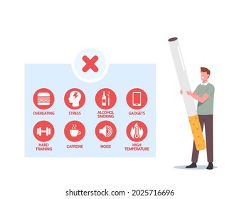 Tiny Male Character with Huge Cigarette and Infographics Overeating, Alcohol, Smoking, Gadget, Hard Training, Caffeine, Noise and High, Temperature Unhealthy Sleep Reasons. Cartoon Vector Illustration