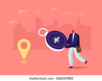 Tiny Male Character with Huge Compass Orienteering. Man Searching Correct Way in Foreign City or Tourist Route. Urban Background with Geolocation Pin Gps Navigation. Cartoon People Vector Illustration