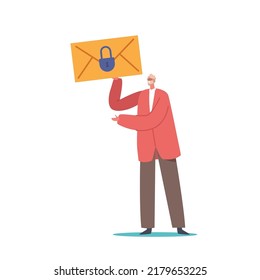 Tiny Male Character with Huge Envelope with Padlock Isolated on White Background. Email Privacy, GDPR, Password Identification, Internet Information, Account. Cartoon People Vector Illustration